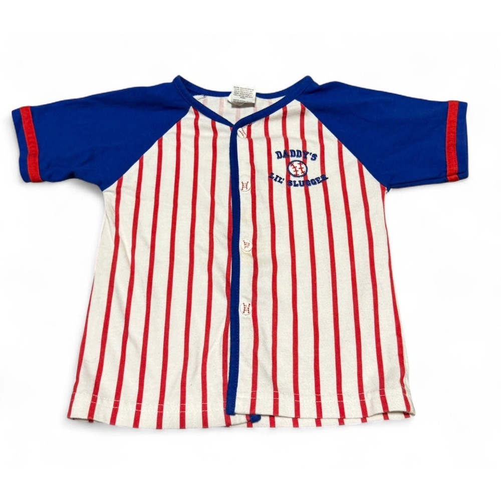 Vintage 18M Baby Baseball Shirt Daddy's Lil Slugger Striped Button Front